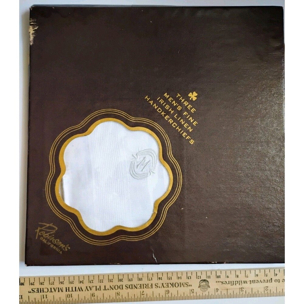 VTG Madeira Hand Embroidered Irish Linen Mens Handkerchiefs Set 3 Boxed M NOS